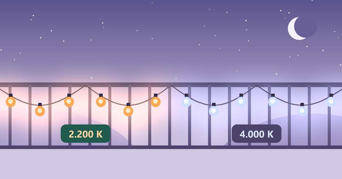 Illustration: Balkongeländer mit Lichterkette, links golden mit 2.200 Kelvin, rechts bläulich weiß mit 4.000 Kelvin